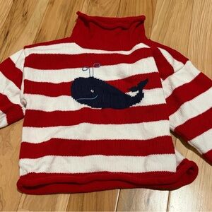 Red and White Striped Kids Sweater with Whale Design